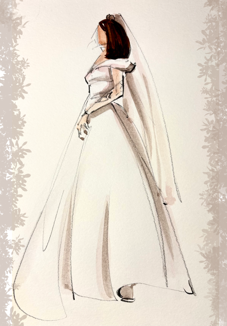 Braut in langem Hochzeitskleid mit Schleier in sampften Farben.